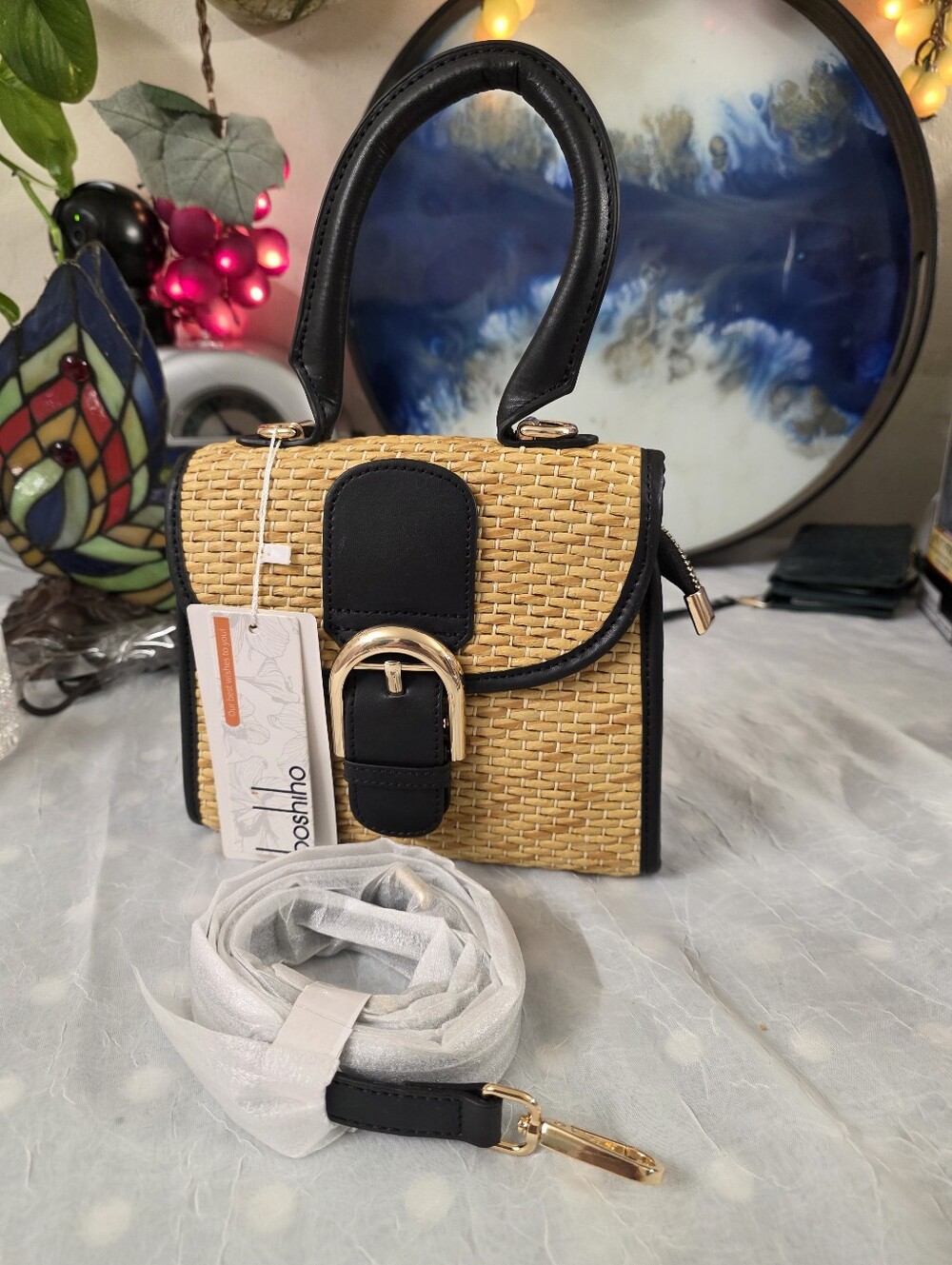 Boshiho Straw Woven Retro Handbag Women Small Cross Body Bag